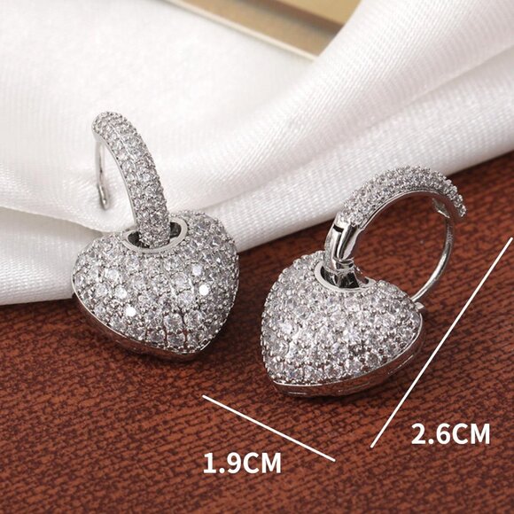 Silver elegant Women's Rhinestone Heart Drop Earrings Valentines - Picture 5 of 5